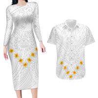 Tonga White Sunday Couples Matching Long Sleeve Bodycon Dress and Hawaiian Shirt Polynesian Plumeria Tribal Simple LT9 - Wonder Print Shop