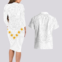 Tonga White Sunday Couples Matching Long Sleeve Bodycon Dress and Hawaiian Shirt Polynesian Plumeria Tribal Simple LT9 - Wonder Print Shop