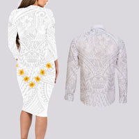 Tonga White Sunday Couples Matching Long Sleeve Bodycon Dress and Long Sleeve Button Shirts Polynesian Plumeria Tribal Simple LT9 - Wonder Print Shop