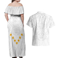 Tonga White Sunday Couples Matching Off Shoulder Maxi Dress and Hawaiian Shirt Polynesian Plumeria Tribal Simple LT9 - Wonder Print Shop