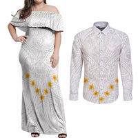 Tonga White Sunday Couples Matching Off Shoulder Maxi Dress and Long Sleeve Button Shirts Polynesian Plumeria Tribal Simple LT9 - Wonder Print Shop