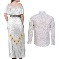 Tonga White Sunday Couples Matching Off Shoulder Maxi Dress and Long Sleeve Button Shirts Polynesian Plumeria Tribal Simple LT9 - Wonder Print Shop