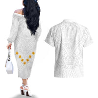 Tonga White Sunday Couples Matching Off The Shoulder Long Sleeve Dress and Hawaiian Shirt Polynesian Plumeria Tribal Simple LT9 - Wonder Print Shop