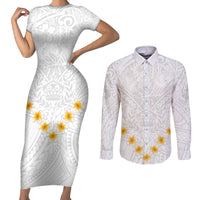 Tonga White Sunday Couples Matching Short Sleeve Bodycon Dress and Long Sleeve Button Shirts Polynesian Plumeria Tribal Simple LT9 - Wonder Print Shop