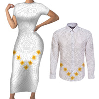 Tonga White Sunday Couples Matching Short Sleeve Bodycon Dress and Long Sleeve Button Shirts Polynesian Plumeria Tribal Simple LT9 - Wonder Print Shop