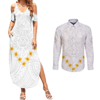 Tonga White Sunday Couples Matching Summer Maxi Dress and Long Sleeve Button Shirts Polynesian Plumeria Tribal Simple LT9 - Wonder Print Shop