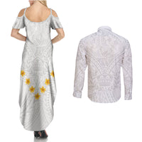 Tonga White Sunday Couples Matching Summer Maxi Dress and Long Sleeve Button Shirts Polynesian Plumeria Tribal Simple LT9 - Wonder Print Shop