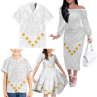 Tonga White Sunday Family Matching Off Shoulder Long Sleeve Dress and Hawaiian Shirt Polynesian Plumeria Tribal Simple - Wonder Print Shop