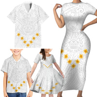 Tonga White Sunday Family Matching Short Sleeve Bodycon Dress and Hawaiian Shirt Polynesian Plumeria Tribal Simple - Wonder Print Shop