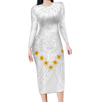 Tonga White Sunday Long Sleeve Bodycon Dress Polynesian Plumeria Tribal Simple - Wonder Print Shop