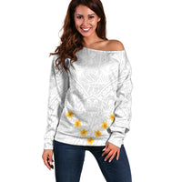 Tonga White Sunday Off Shoulder Sweater Polynesian Plumeria Tribal Simple - Wonder Print Shop