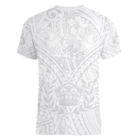 Tonga White Sunday Women V Neck T Shirt Polynesian Plumeria Tribal Simple - Wonder Print Shop