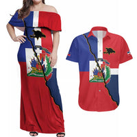 Hispaniola Personalized Couples Matching Off Shoulder Maxi Dress and Hawaiian Shirt Dominican Republic Haiti Flag Together