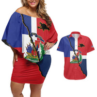 Hispaniola Personalized Couples Matching Off Shoulder Short Dress and Hawaiian Shirt Dominican Republic Haiti Flag Together
