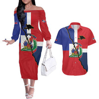 Hispaniola Personalized Couples Matching Off The Shoulder Long Sleeve Dress and Hawaiian Shirt Dominican Republic Haiti Flag Together