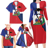 Hispaniola Personalized Family Matching Long Sleeve Bodycon Dress and Hawaiian Shirt Dominican Republic Haiti Flag Together