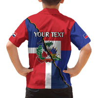 Hispaniola Personalized Family Matching Off The Shoulder Long Sleeve Dress and Hawaiian Shirt Dominican Republic Haiti Flag Together