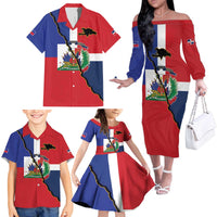 Hispaniola Personalized Family Matching Off The Shoulder Long Sleeve Dress and Hawaiian Shirt Dominican Republic Haiti Flag Together