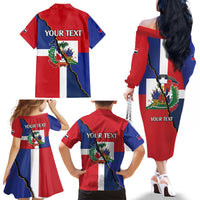 Hispaniola Personalized Family Matching Off The Shoulder Long Sleeve Dress and Hawaiian Shirt Dominican Republic Haiti Flag Together