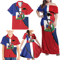 Hispaniola Personalized Family Matching Off Shoulder Maxi Dress and Hawaiian Shirt Dominican Republic Haiti Flag Together