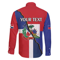 Hispaniola Personalized Family Matching Off Shoulder Maxi Dress and Hawaiian Shirt Dominican Republic Haiti Flag Together
