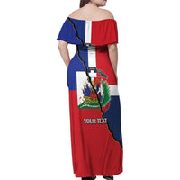 Hispaniola Personalized Family Matching Off Shoulder Maxi Dress and Hawaiian Shirt Dominican Republic Haiti Flag Together