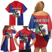 Hispaniola Personalized Family Matching Off Shoulder Short Dress and Hawaiian Shirt Dominican Republic Haiti Flag Together