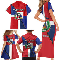 Hispaniola Personalized Family Matching Short Sleeve Bodycon Dress and Hawaiian Shirt Dominican Republic Haiti Flag Together