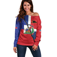 Hispaniola Personalized Off Shoulder Sweater Dominican Republic Haiti Flag Together