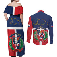 Hispaniola Map Couples Matching Off Shoulder Maxi Dress and Long Sleeve Button Shirt Dominican Republic Haiti Flag Together