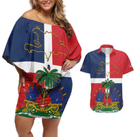 Hispaniola Map Couples Matching Off Shoulder Short Dress and Hawaiian Shirt Dominican Republic Haiti Flag Together