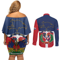 Hispaniola Map Couples Matching Off Shoulder Short Dress and Long Sleeve Button Shirt Dominican Republic Haiti Flag Together