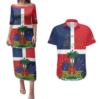 Hispaniola Map Couples Matching Puletasi and Hawaiian Shirt Dominican Republic Haiti Flag Together