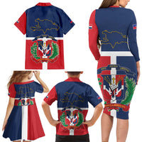 Hispaniola Map Family Matching Long Sleeve Bodycon Dress and Hawaiian Shirt Dominican Republic Haiti Flag Together