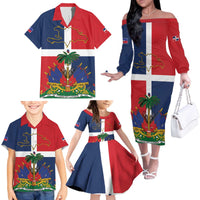 Hispaniola Map Family Matching Off The Shoulder Long Sleeve Dress and Hawaiian Shirt Dominican Republic Haiti Flag Together