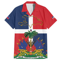 Hispaniola Map Family Matching Off The Shoulder Long Sleeve Dress and Hawaiian Shirt Dominican Republic Haiti Flag Together