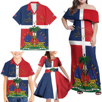 Hispaniola Map Family Matching Off Shoulder Maxi Dress and Hawaiian Shirt Dominican Republic Haiti Flag Together
