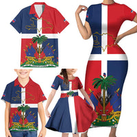 Hispaniola Map Family Matching Short Sleeve Bodycon Dress and Hawaiian Shirt Dominican Republic Haiti Flag Together