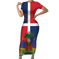 Hispaniola Map Short Sleeve Bodycon Dress Dominican Republic Haiti Flag Together