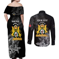 First Empire of Haiti Personalized Couples Matching Off Shoulder Maxi Dress and Long Sleeve Button Shirt Black Hibiscus Liberte ou la Mort!