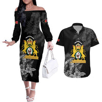 First Empire of Haiti Personalized Couples Matching Off The Shoulder Long Sleeve Dress and Hawaiian Shirt Black Hibiscus Liberte ou la Mort!