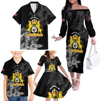 First Empire of Haiti Personalized Family Matching Off The Shoulder Long Sleeve Dress and Hawaiian Shirt Black Hibiscus Liberte ou la Mort!