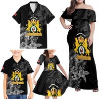 First Empire of Haiti Personalized Family Matching Off Shoulder Maxi Dress and Hawaiian Shirt Black Hibiscus Liberte ou la Mort!