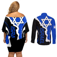Custom Israel Couples Matching Off Shoulder Short Dress and Long Sleeve Button Shirts Stars of David Sporty Style LT9 - Wonder Print Shop