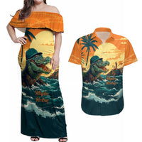 Everglades Alligator Alcatraz Vintage Couples Matching Off Shoulder Maxi Dress and Hawaiian Shirt - Wonder Print Shop