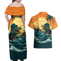 Everglades Alligator Alcatraz Vintage Couples Matching Off Shoulder Maxi Dress and Hawaiian Shirt - Wonder Print Shop