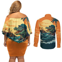 Everglades Alligator Alcatraz Vintage Couples Matching Off Shoulder Short Dress and Long Sleeve Button Shirt - Wonder Print Shop
