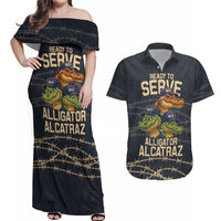 Ready To Serve Alligator Alcatraz Couples Matching Off Shoulder Maxi Dress and Hawaiian Shirt - Wonder Print Shop