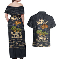 Ready To Serve Alligator Alcatraz Couples Matching Off Shoulder Maxi Dress and Hawaiian Shirt - Wonder Print Shop