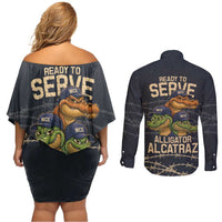 Ready To Serve Alligator Alcatraz Couples Matching Off Shoulder Short Dress and Long Sleeve Button Shirt - Wonder Print Shop